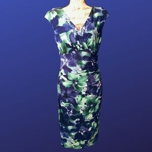 LAUREN RALPH LAUREN Empire Ruched CAP SLEEVE Dress, NWOT, BLUE/GREEN FLORAL,10